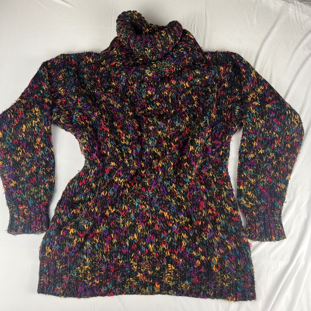 Vtg 90s‎ Y2K Fuzzy Sweater S Black Colorful Chunky Knit Oversized Turtleneck EUC